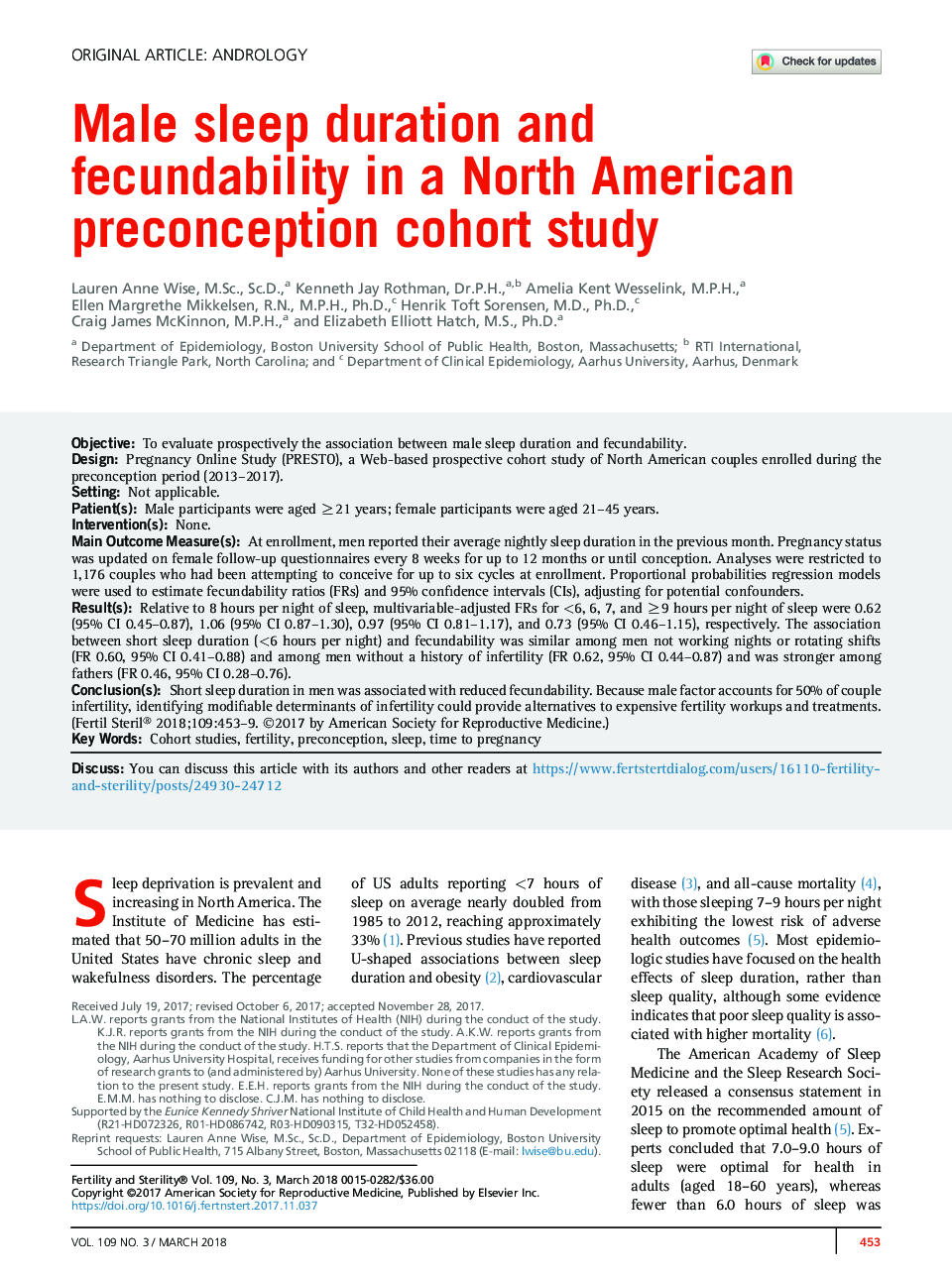 Male sleep duration and fecundability in a North American preconception cohort study