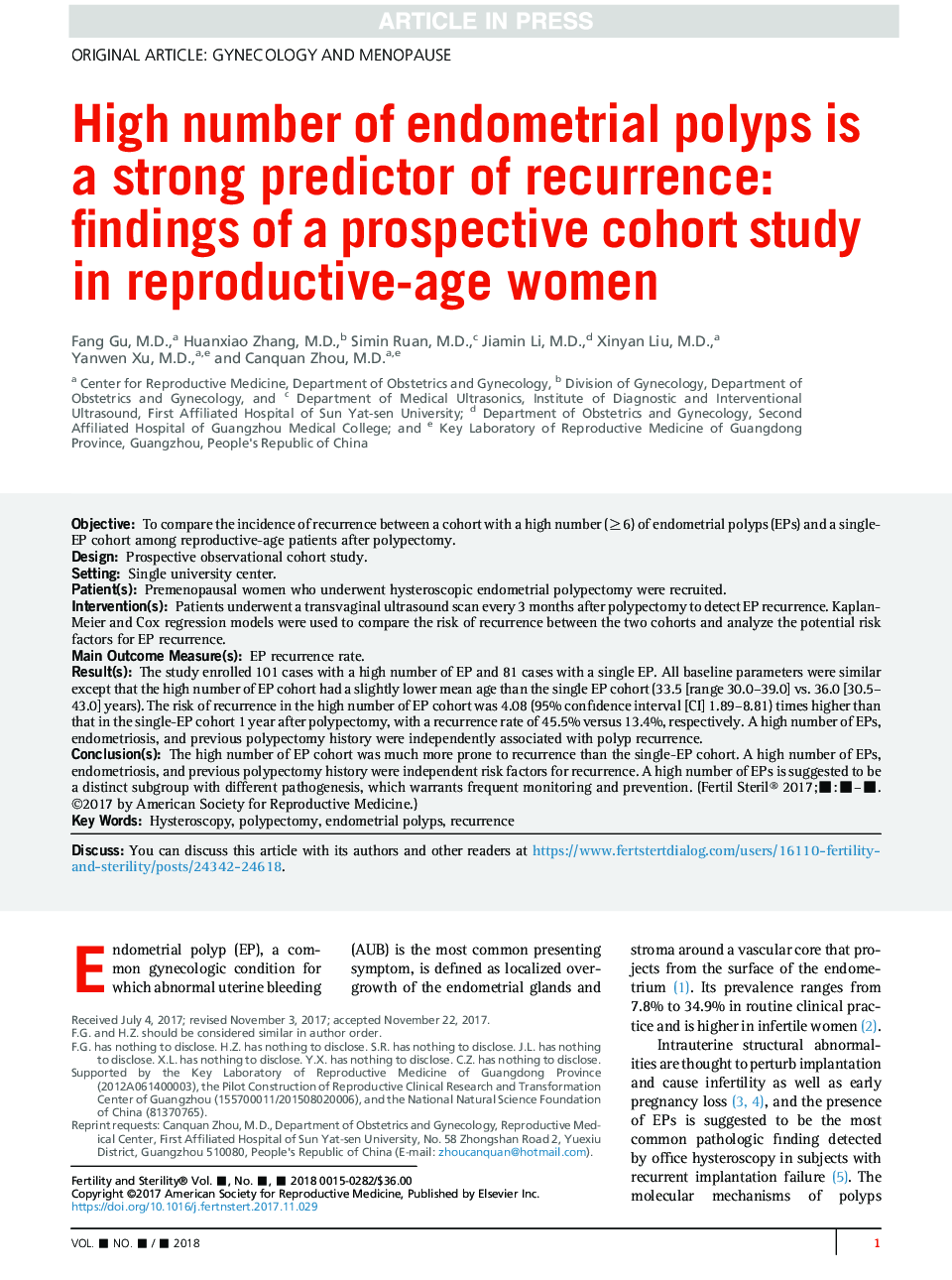 High number of endometrial polyps is a strong predictor of recurrence: findings of a prospective cohort study in reproductive-age women