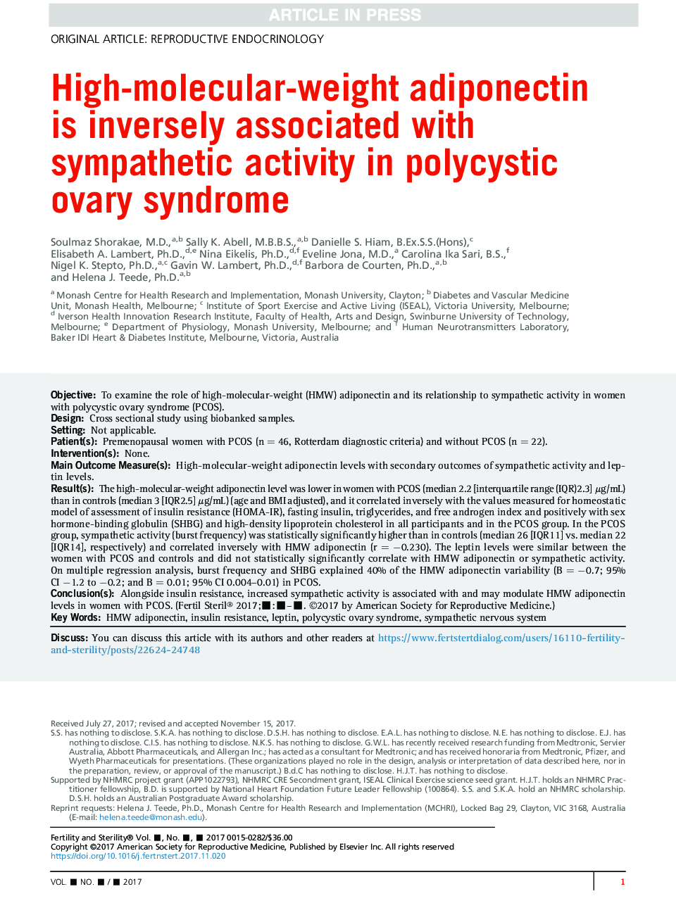 آدیپونکتین با وزن مولکولی بالا به طور معکوس با فعالیت سمپاتیک در سندرم تخمدان پلی کیستیک 