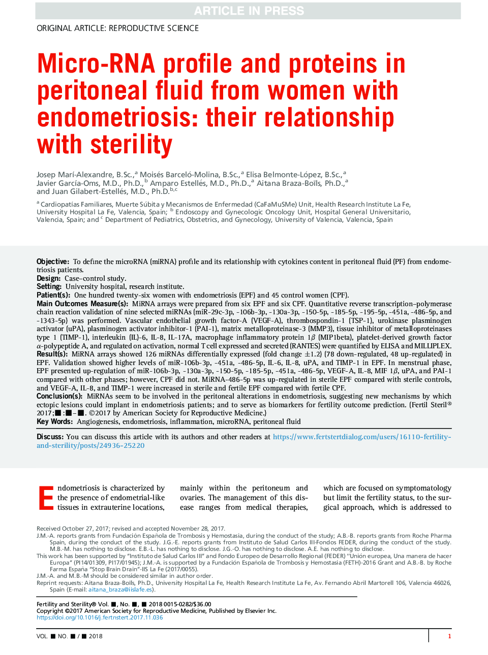 Micro-RNA profile and proteins in peritoneal fluid from women with endometriosis: their relationship with sterility