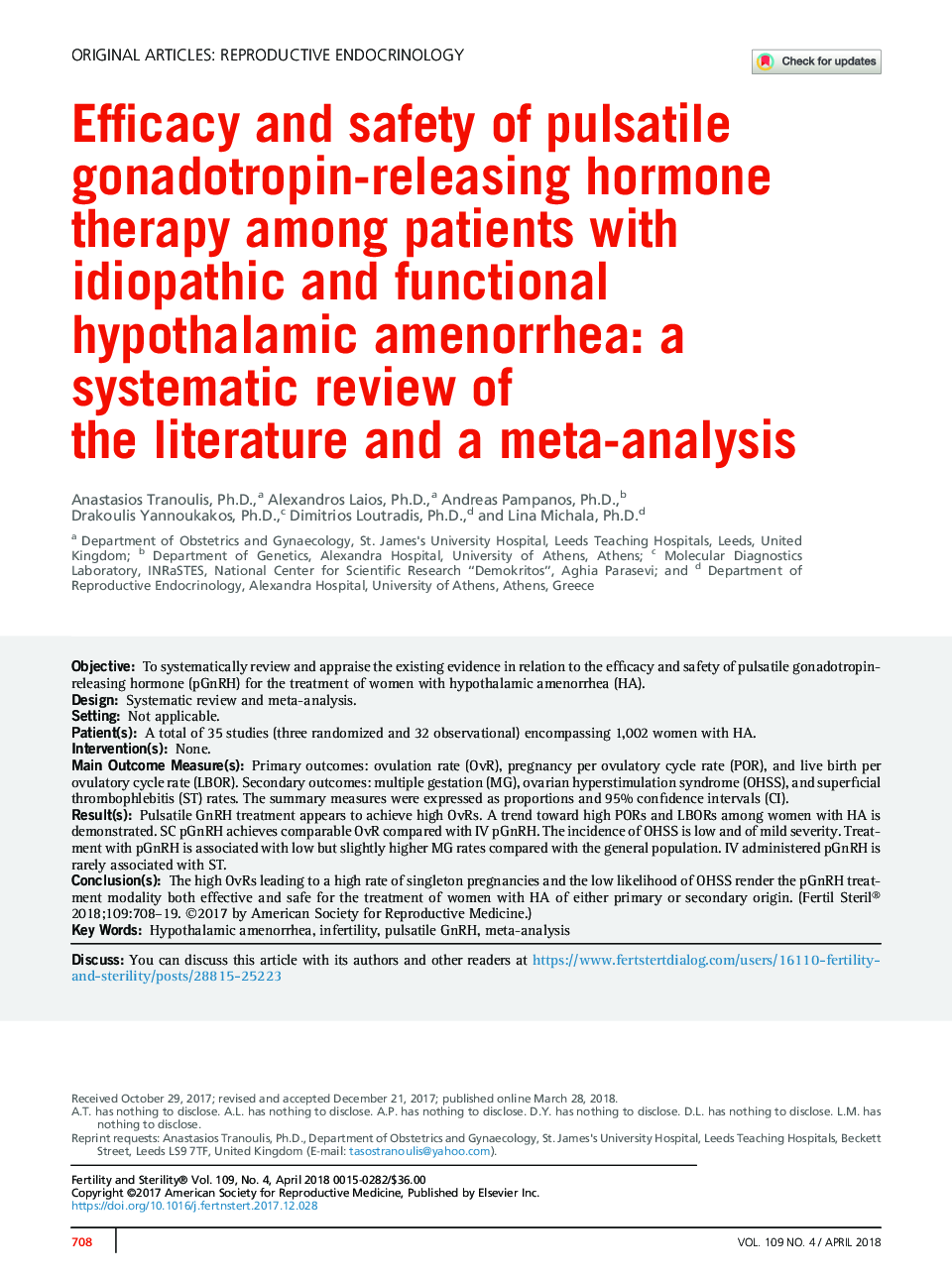 Efficacy and safety of pulsatile gonadotropin-releasing hormone therapy among patients with idiopathic and functional hypothalamic amenorrhea: a systematic review of the literature and a meta-analysis