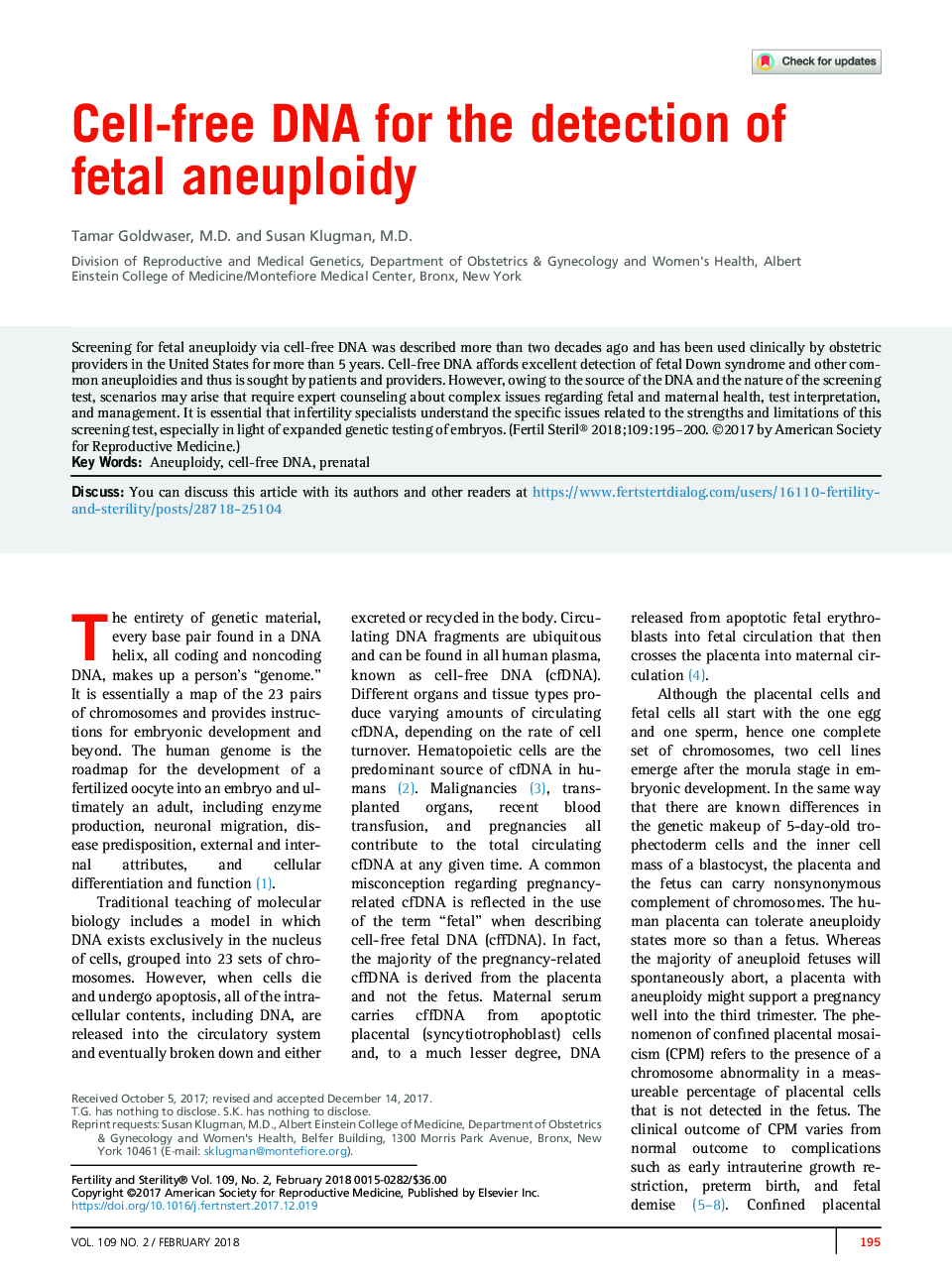 Cell-free DNA for the detection of fetal aneuploidy