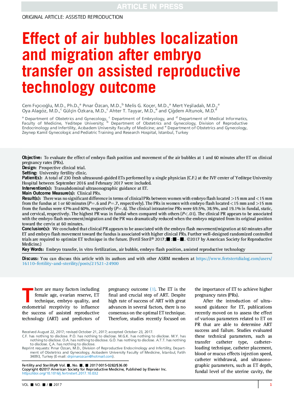 Effect of air bubbles localization andÂ migration after embryo transferÂ onÂ assisted reproductive technology outcome