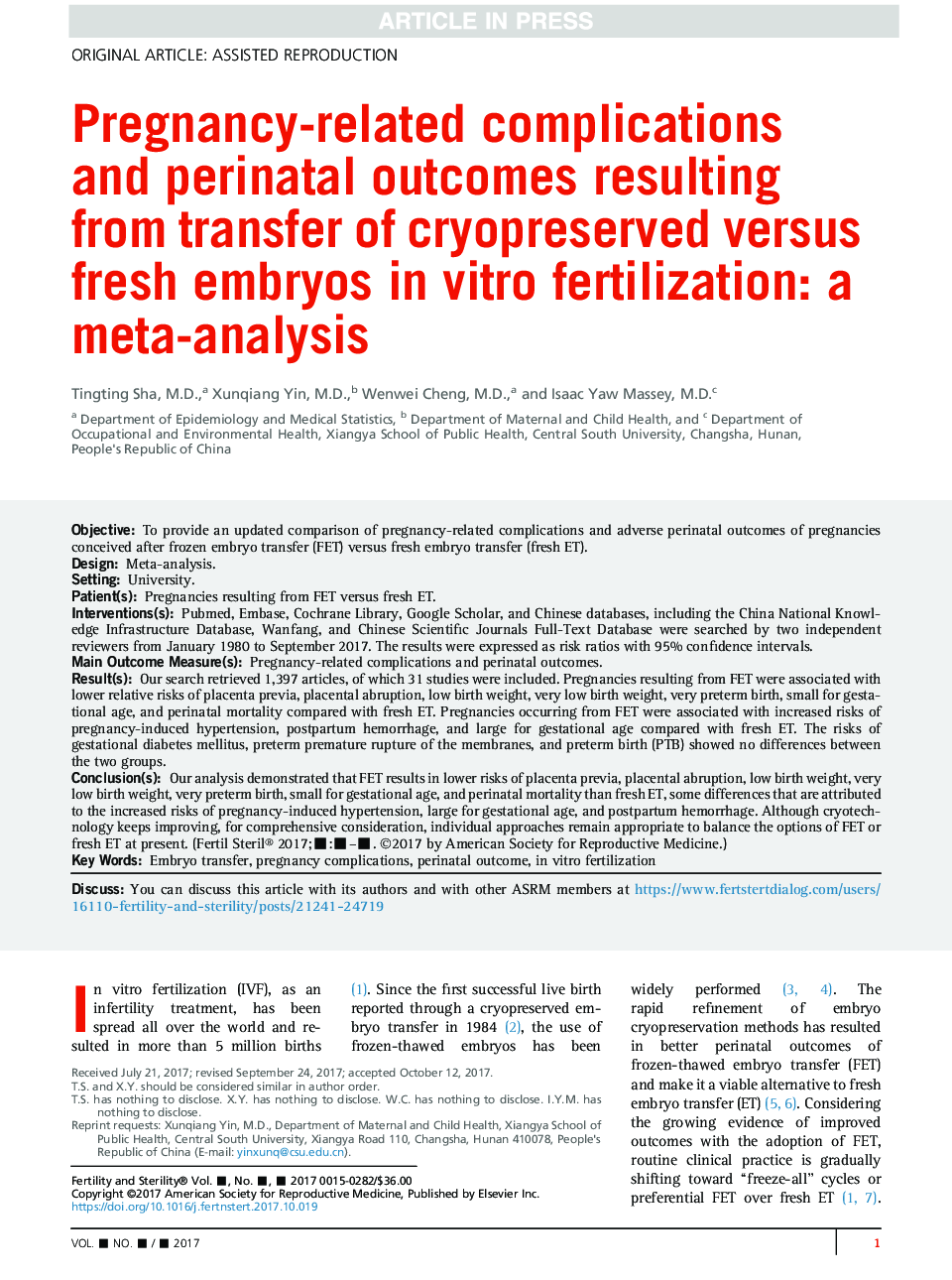 Pregnancy-related complications and perinatal outcomes resulting from transfer of cryopreserved versus fresh embryos inÂ vitro fertilization: a meta-analysis