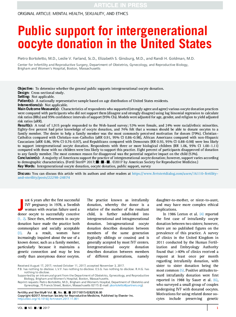 Public support for intergenerational oocyte donation in the United States