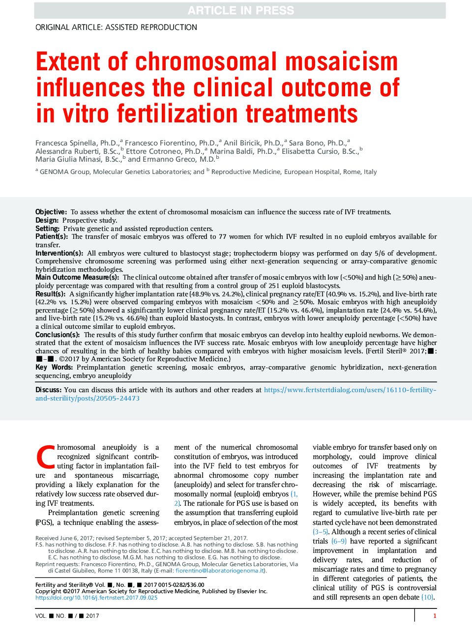 Extent of chromosomal mosaicism influences the clinical outcomeÂ ofÂ inÂ vitro fertilization treatments