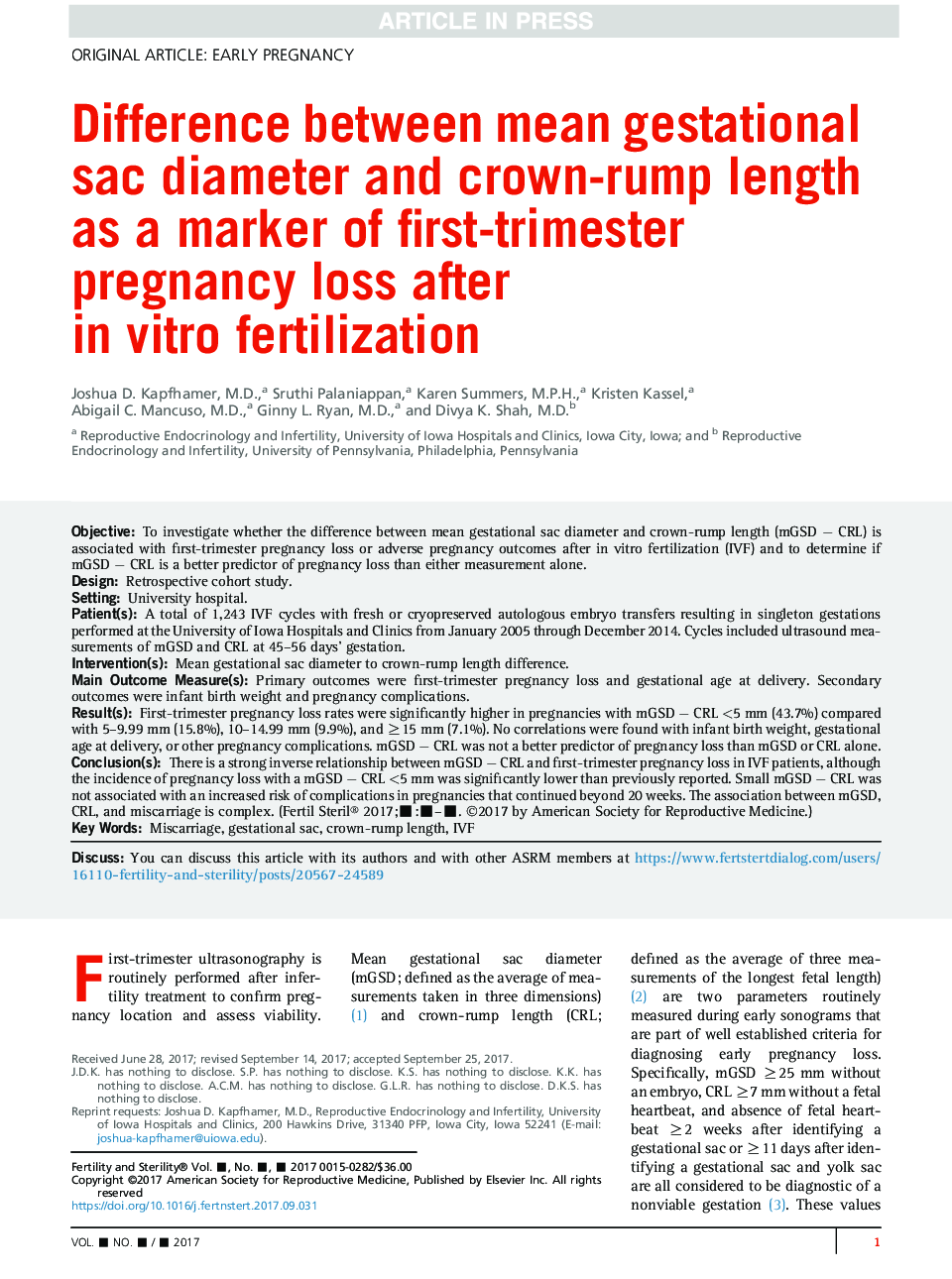 Difference between mean gestational sac diameter and crown-rump length as a marker of first-trimester pregnancy loss after inÂ vitro fertilization