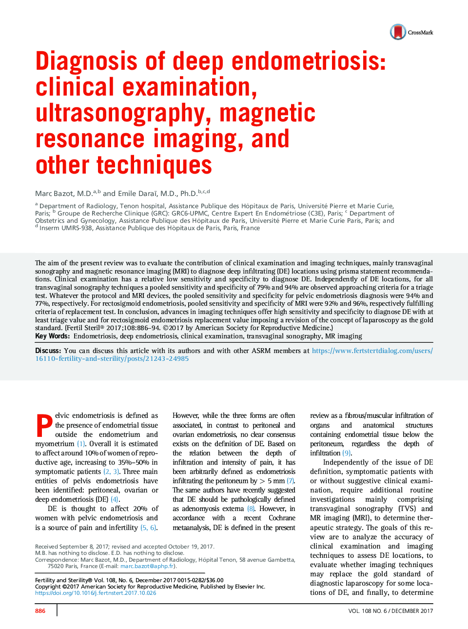 تشخیص آندومتریوز عمیق: معاینه بالینی، سونوگرافی، تصویربرداری رزونانس مغناطیسی، و سایر تکنیک ها 