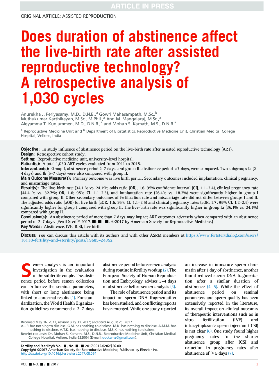 Does duration of abstinence affect the live-birth rate after assisted reproductive technology? AÂ retrospective analysis of 1,030 cycles