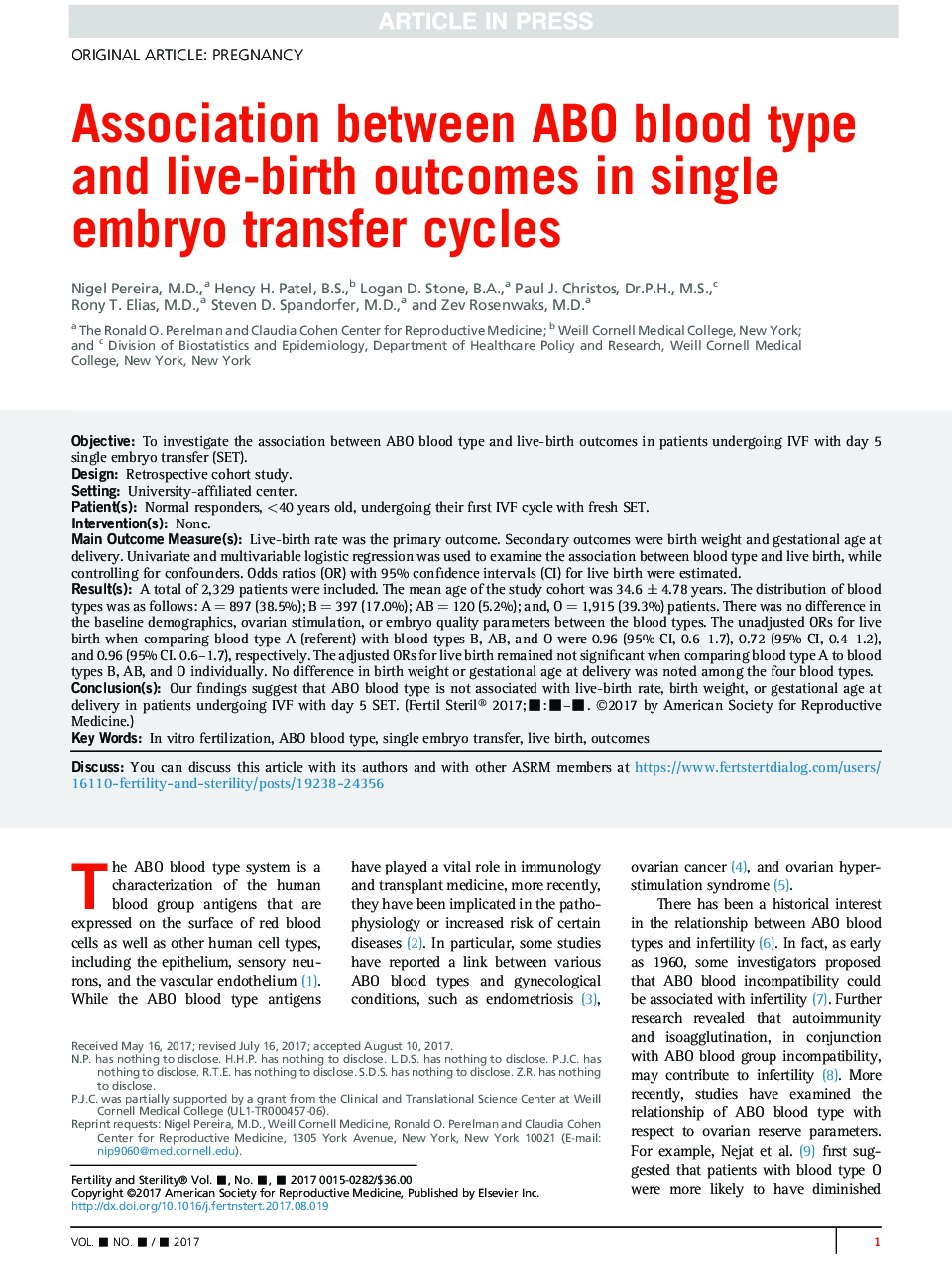 Association between ABO blood type and live-birth outcomes in single-embryo transfer cycles