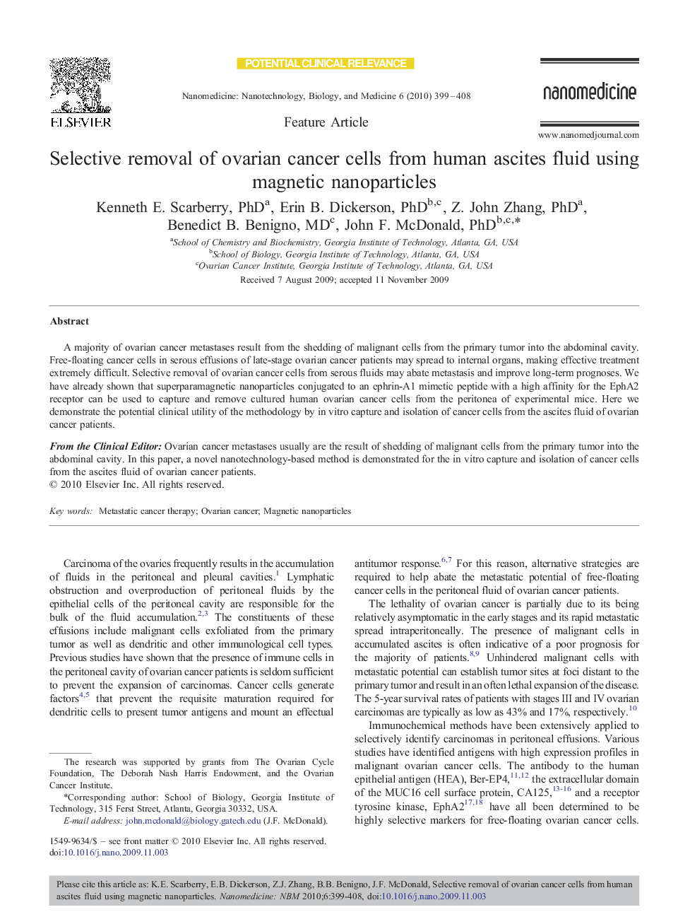 Selective removal of ovarian cancer cells from human ascites fluid using magnetic nanoparticles 