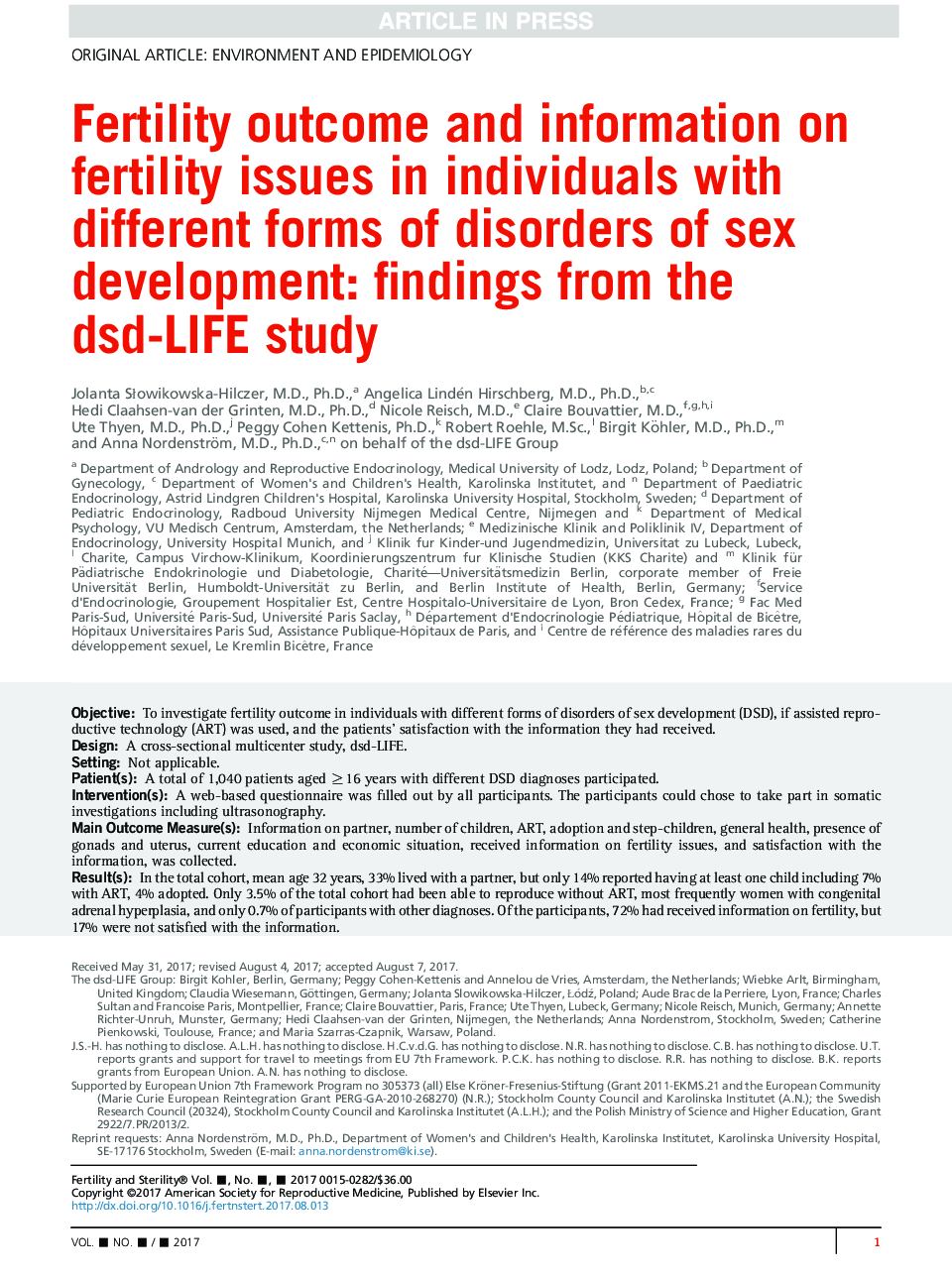 Fertility outcome and information on fertility issues in individuals with different forms of disorders of sex development: findings from the dsd-LIFE study