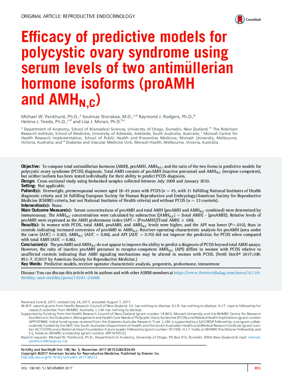 Efficacy of predictive models for polycystic ovary syndrome using serum levels of two antimüllerian hormone isoforms (proAMH and AMHN,C)