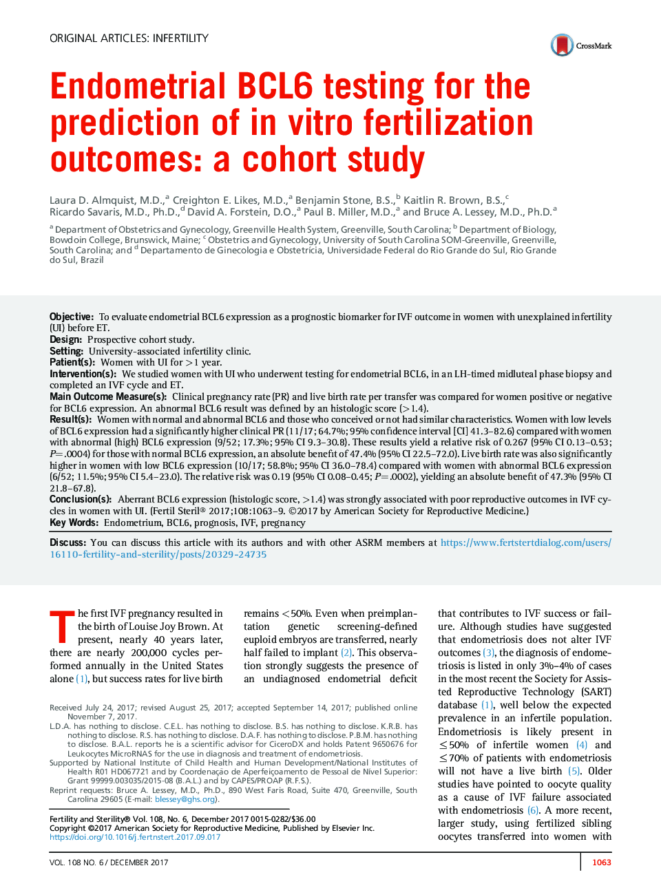 Endometrial BCL6 testing for the prediction of inÂ vitro fertilization outcomes: a cohort study