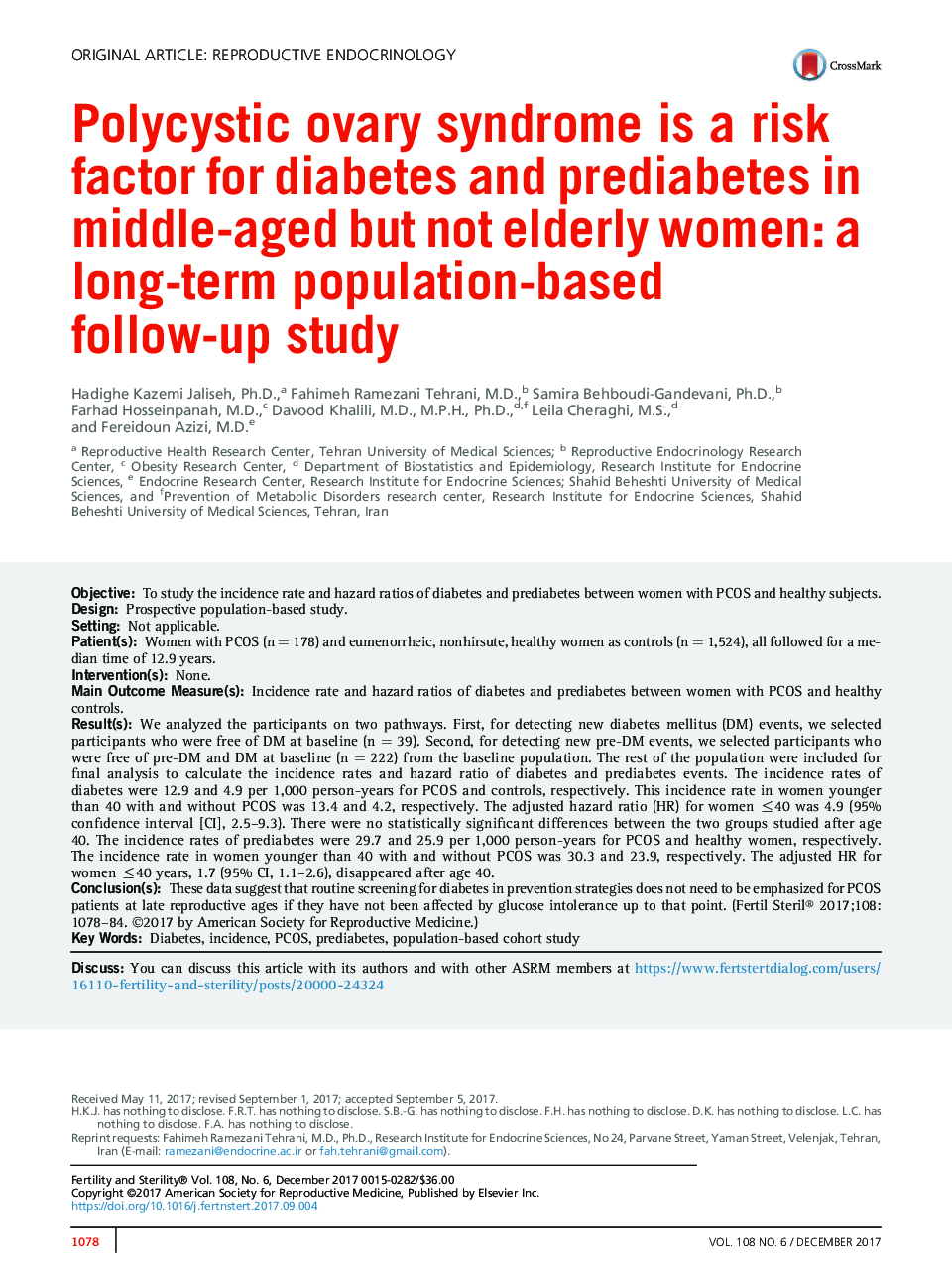 سندرم تخمدان پلیکیستیک یکی از عوامل خطر دیابت و پیش دیابت در زنان میانسال، اما نه سالمند است: یک مطالعه طولانی مدت مبتنی بر جمعیت 
