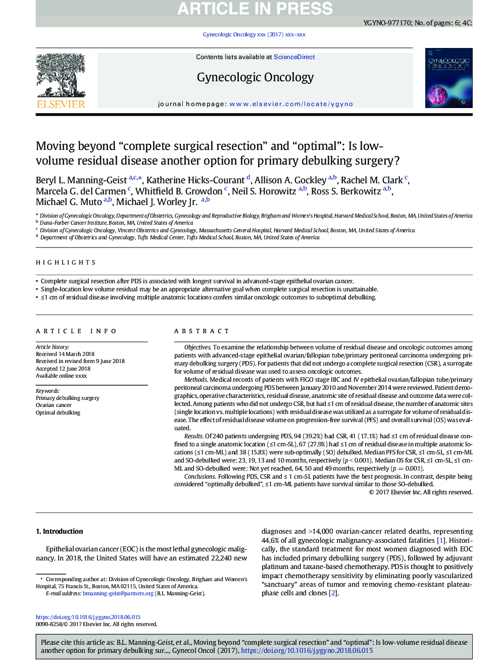 Moving beyond “complete surgical resection” and “optimal”: Is low-volume residual disease another option for primary debulking surgery?