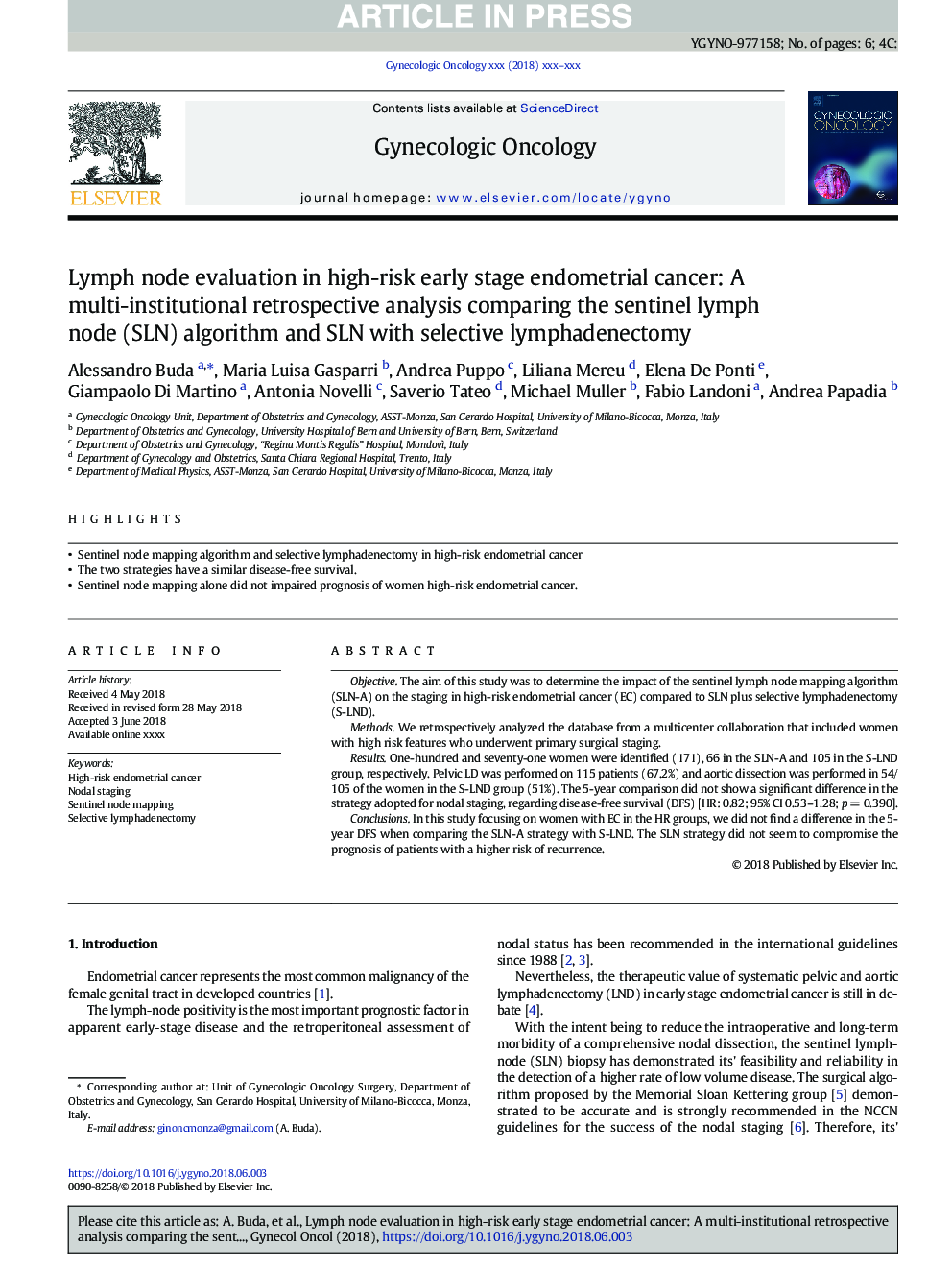 Lymph node evaluation in high-risk early stage endometrial cancer: A multi-institutional retrospective analysis comparing the sentinel lymph node (SLN) algorithm and SLN with selective lymphadenectomy