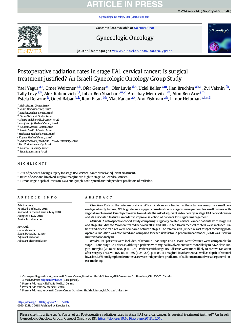 Postoperative radiation rates in stage IIA1 cervical cancer: Is surgical treatment justified? An Israeli Gynecologic Oncology Group Study