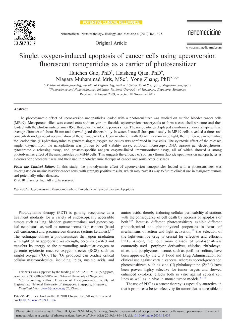 Singlet oxygen-induced apoptosis of cancer cells using upconversion fluorescent nanoparticles as a carrier of photosensitizer 