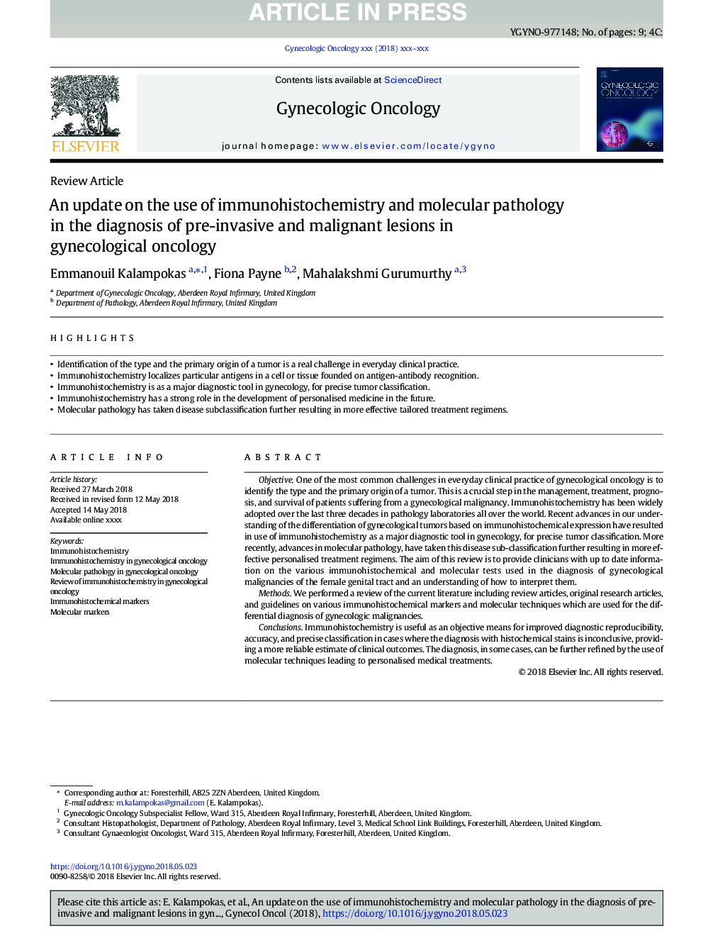 An update on the use of immunohistochemistry and molecular pathology in the diagnosis of pre-invasive and malignant lesions in gynecological oncology