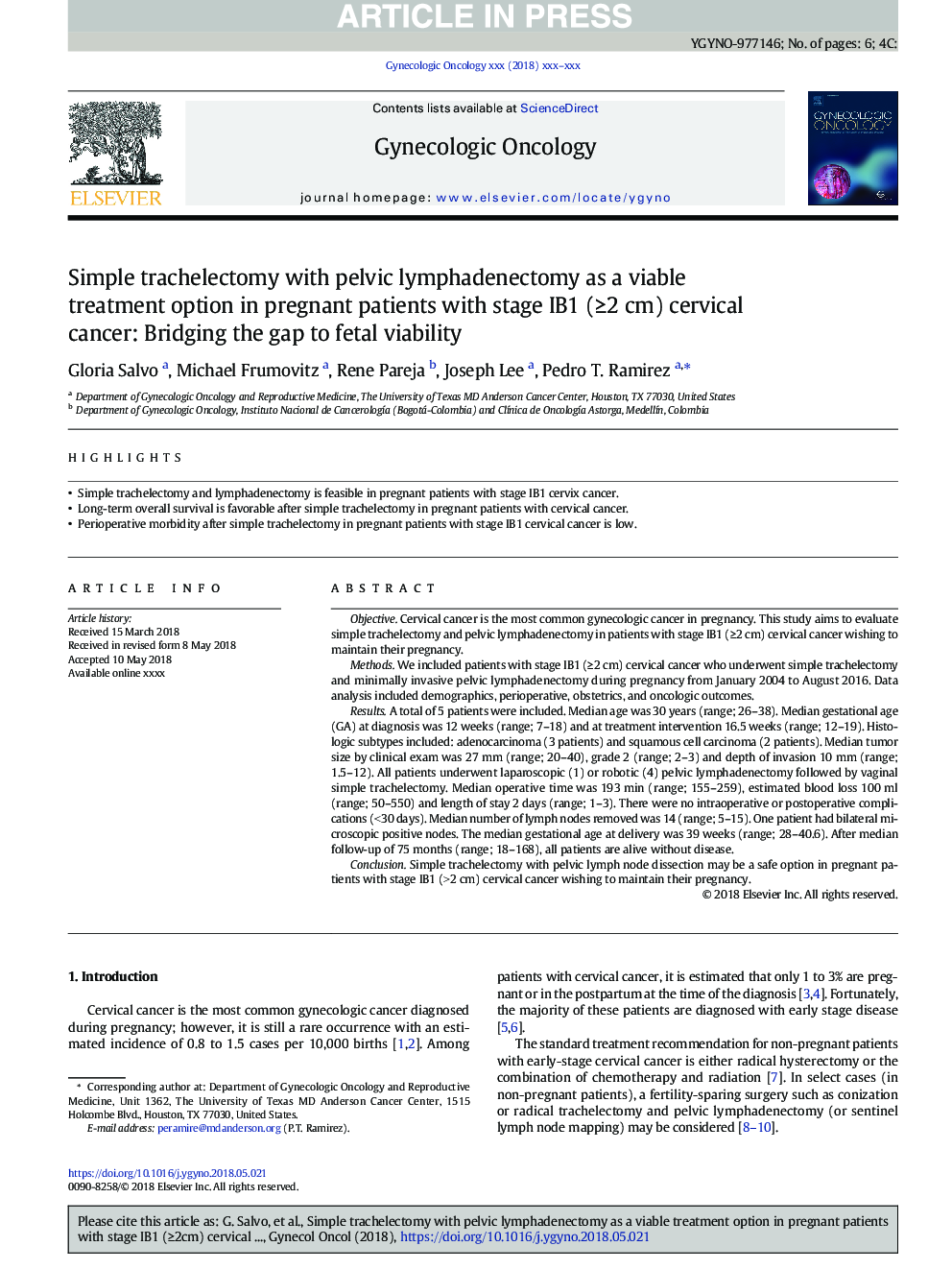 Simple trachelectomy with pelvic lymphadenectomy as a viable treatment option in pregnant patients with stage IB1 (â¥2â¯cm) cervical cancer: Bridging the gap to fetal viability