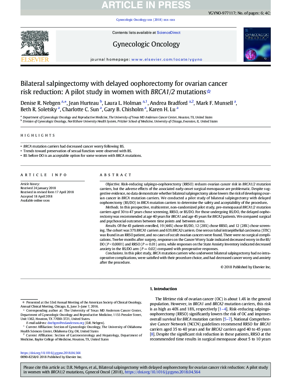 Bilateral salpingectomy with delayed oophorectomy for ovarian cancer risk reduction: A pilot study in women with BRCA1/2 mutations