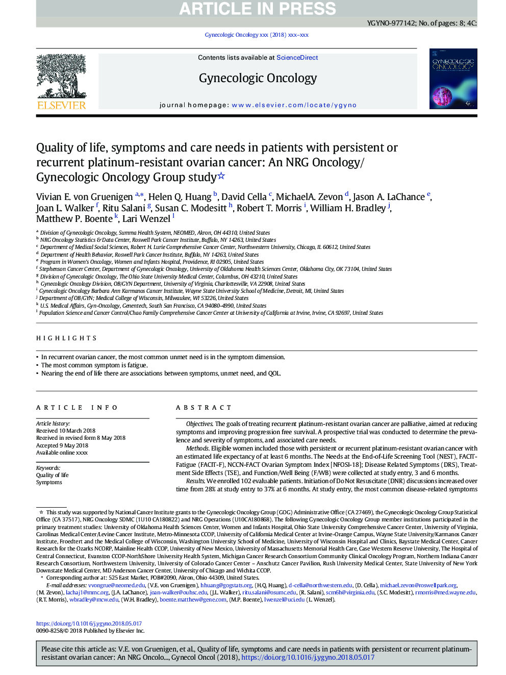 Quality of life, symptoms and care needs in patients with persistent or recurrent platinum-resistant ovarian cancer: An NRG Oncology/Gynecologic Oncology Group study