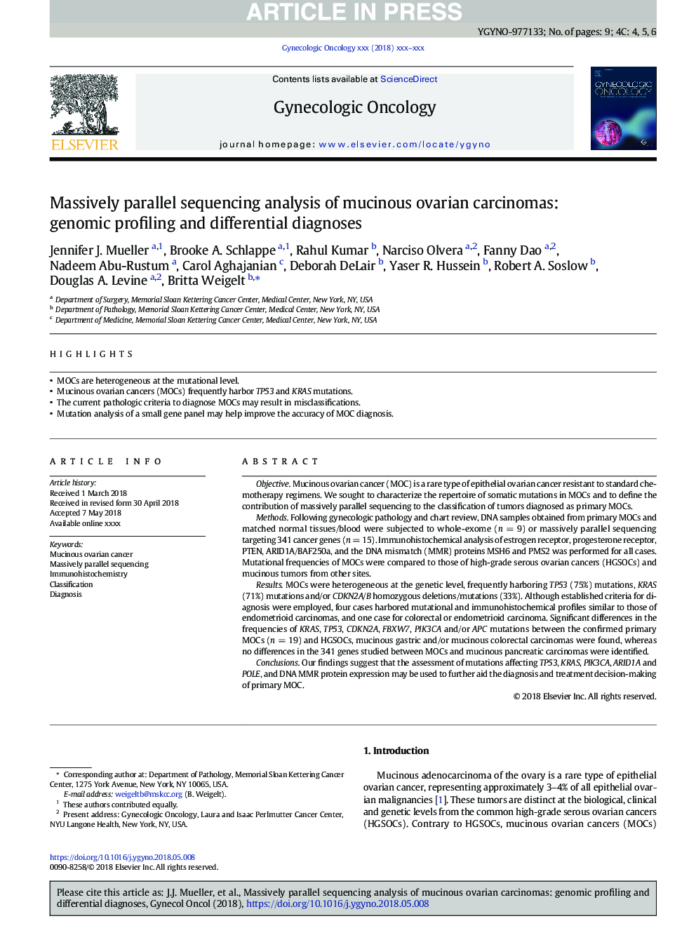 Massively parallel sequencing analysis of mucinous ovarian carcinomas: genomic profiling and differential diagnoses