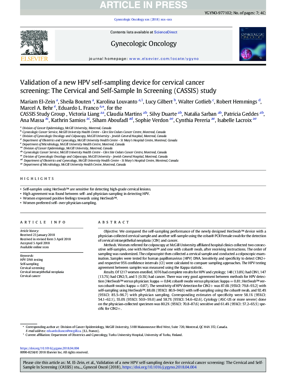 Validation of a new HPV self-sampling device for cervical cancer screening: The Cervical and Self-Sample In Screening (CASSIS) study