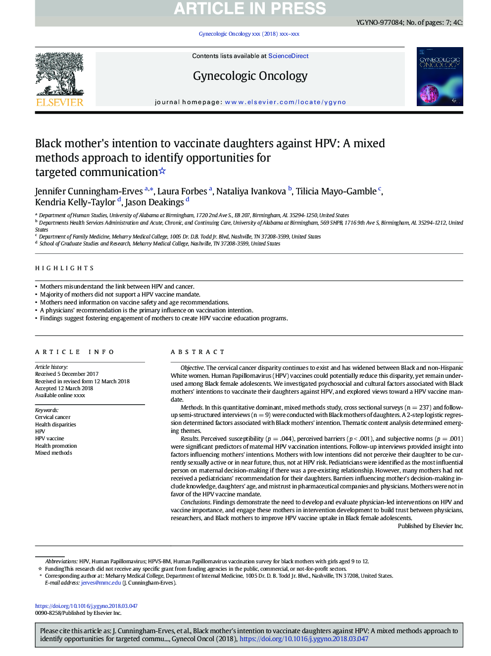 Black mother's intention to vaccinate daughters against HPV: A mixed methods approach to identify opportunities for targeted communication