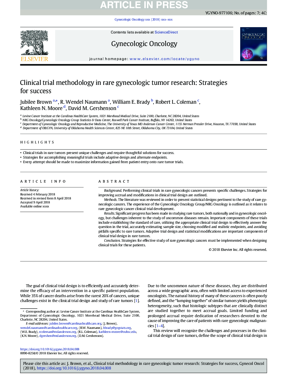 Clinical trial methodology in rare gynecologic tumor research: Strategies for success
