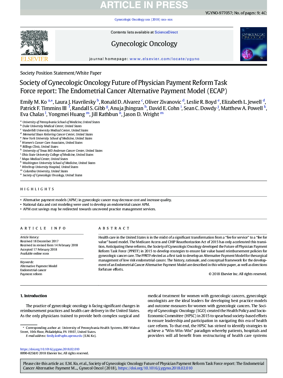 Society of Gynecologic Oncology Future of Physician Payment Reform Task Force report: The Endometrial Cancer Alternative Payment Model (ECAP)