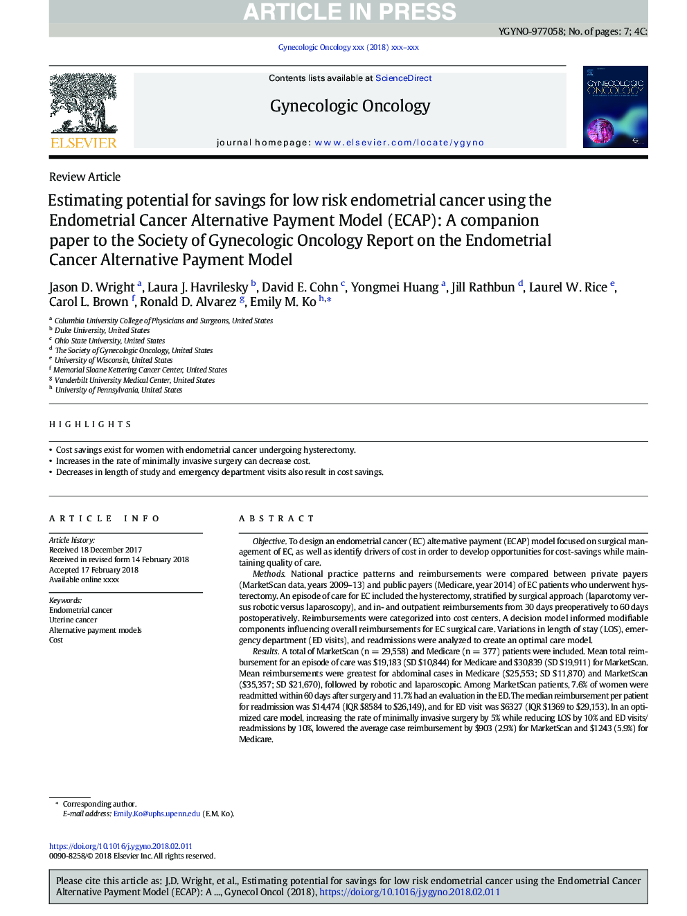 Estimating potential for savings for low risk endometrial cancer using the Endometrial Cancer Alternative Payment Model (ECAP): A companion paper to the Society of Gynecologic Oncology Report on the Endometrial Cancer Alternative Payment Model