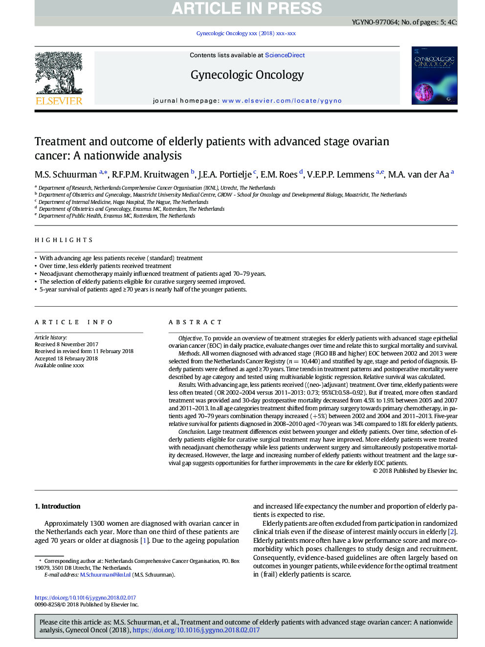 Treatment and outcome of elderly patients with advanced stage ovarian cancer: A nationwide analysis