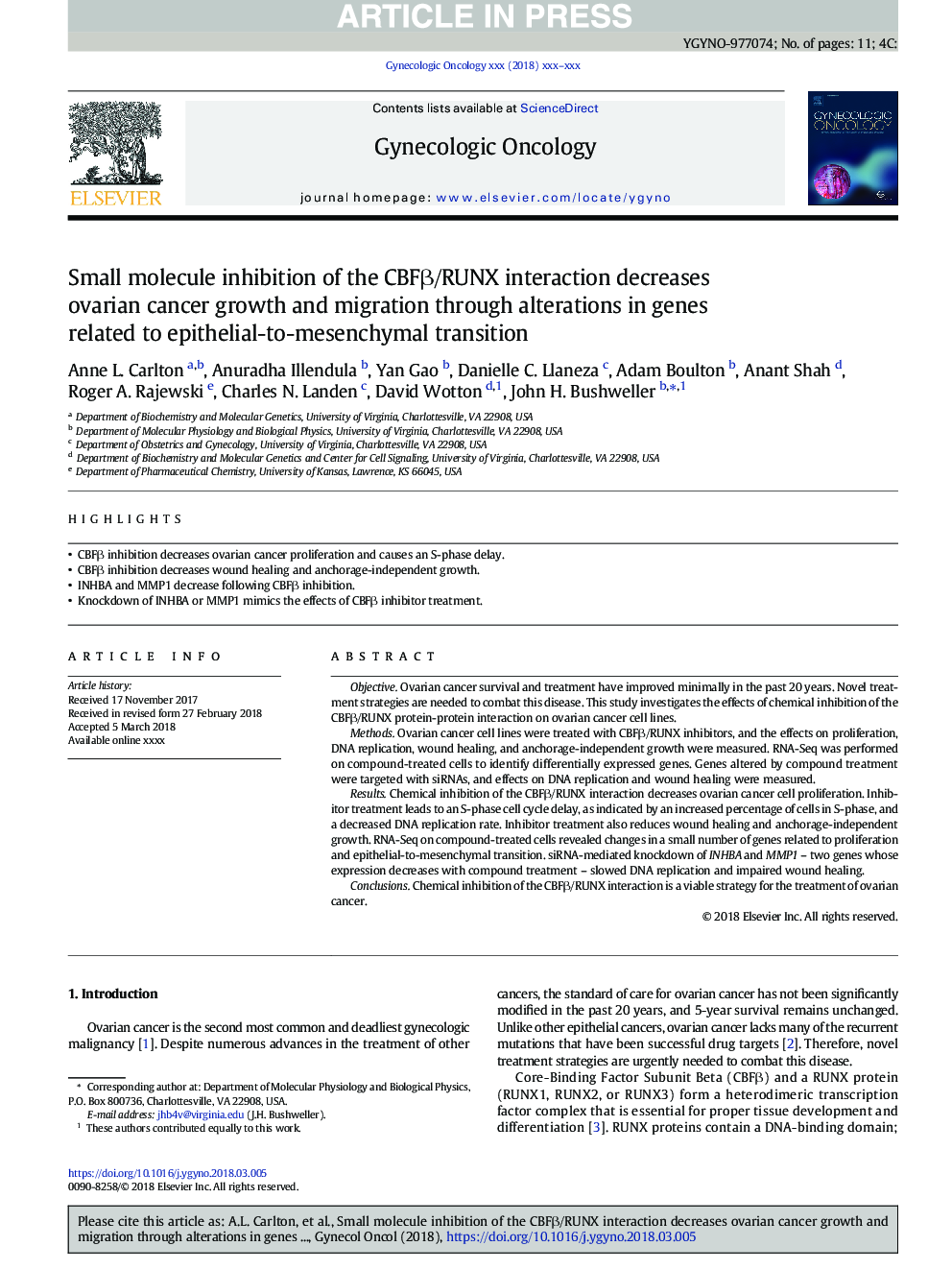 عکس صفحه اول مقاله: Small molecule inhibition of the CBFβ/RUNX interaction decreases ovarian cancer growth and migration through alterations in genes related to epithelial-to-mesenchymal transition Small molecule inhibition of the CBFβ/RUNX interaction decreases ovarian cancer growth and migration through alterations in genes related to epithelial-to-mesenchymal transition