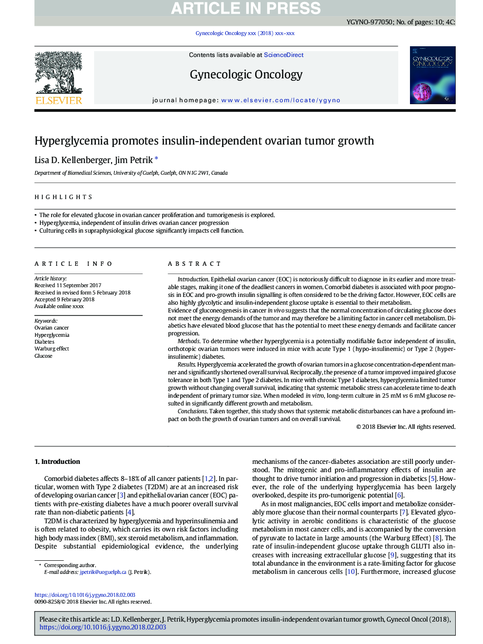 Hyperglycemia promotes insulin-independent ovarian tumor growth