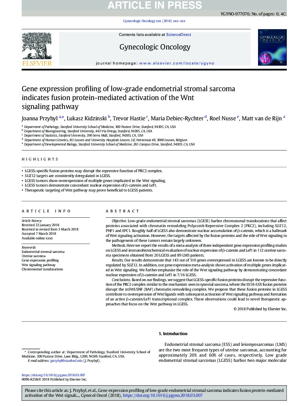 Gene expression profiling of low-grade endometrial stromal sarcoma indicates fusion protein-mediated activation of the Wnt signaling pathway