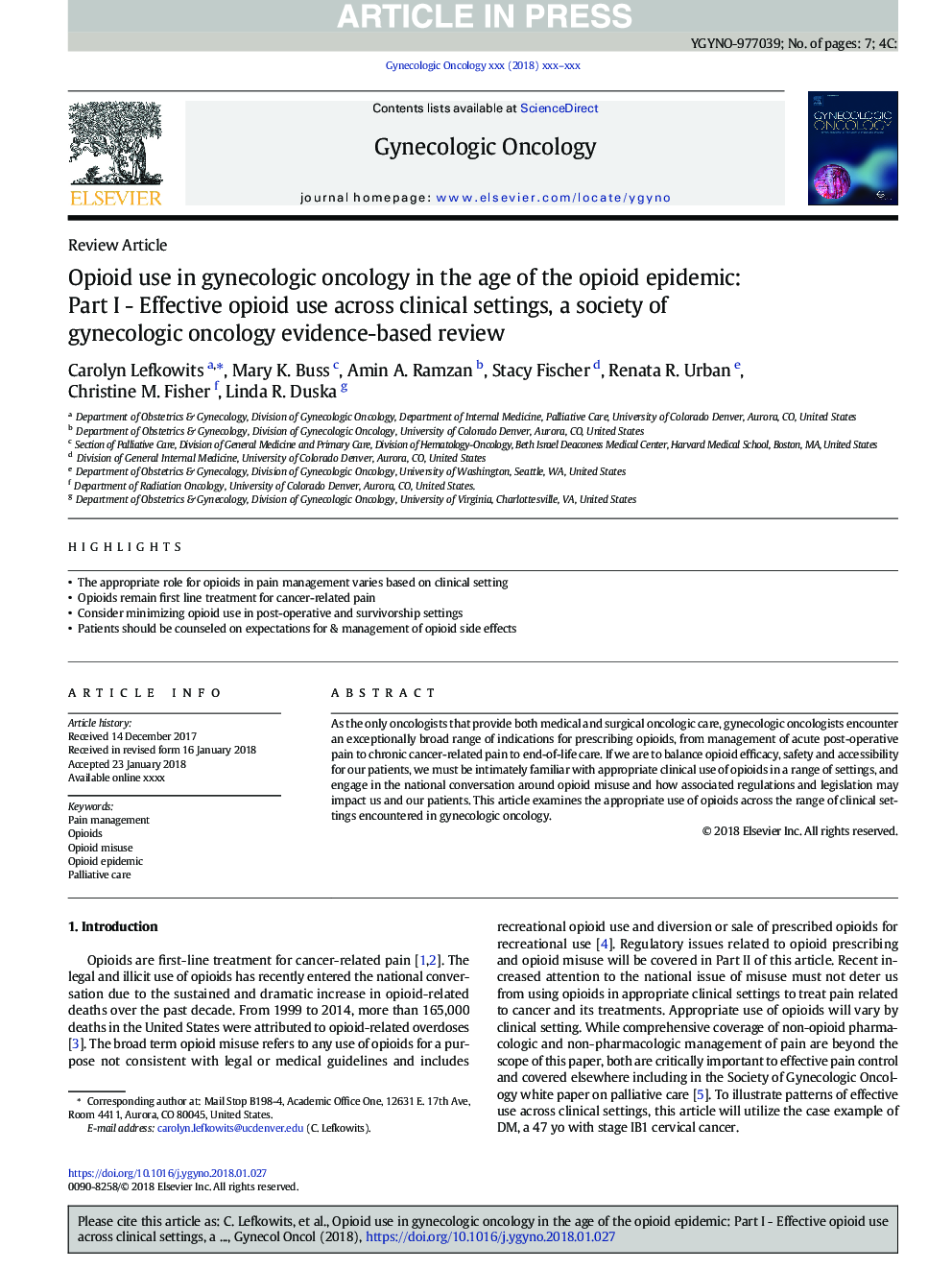 Opioid use in gynecologic oncology in the age of the opioid epidemic: Part I - Effective opioid use across clinical settings, a society of gynecologic oncology evidence-based review