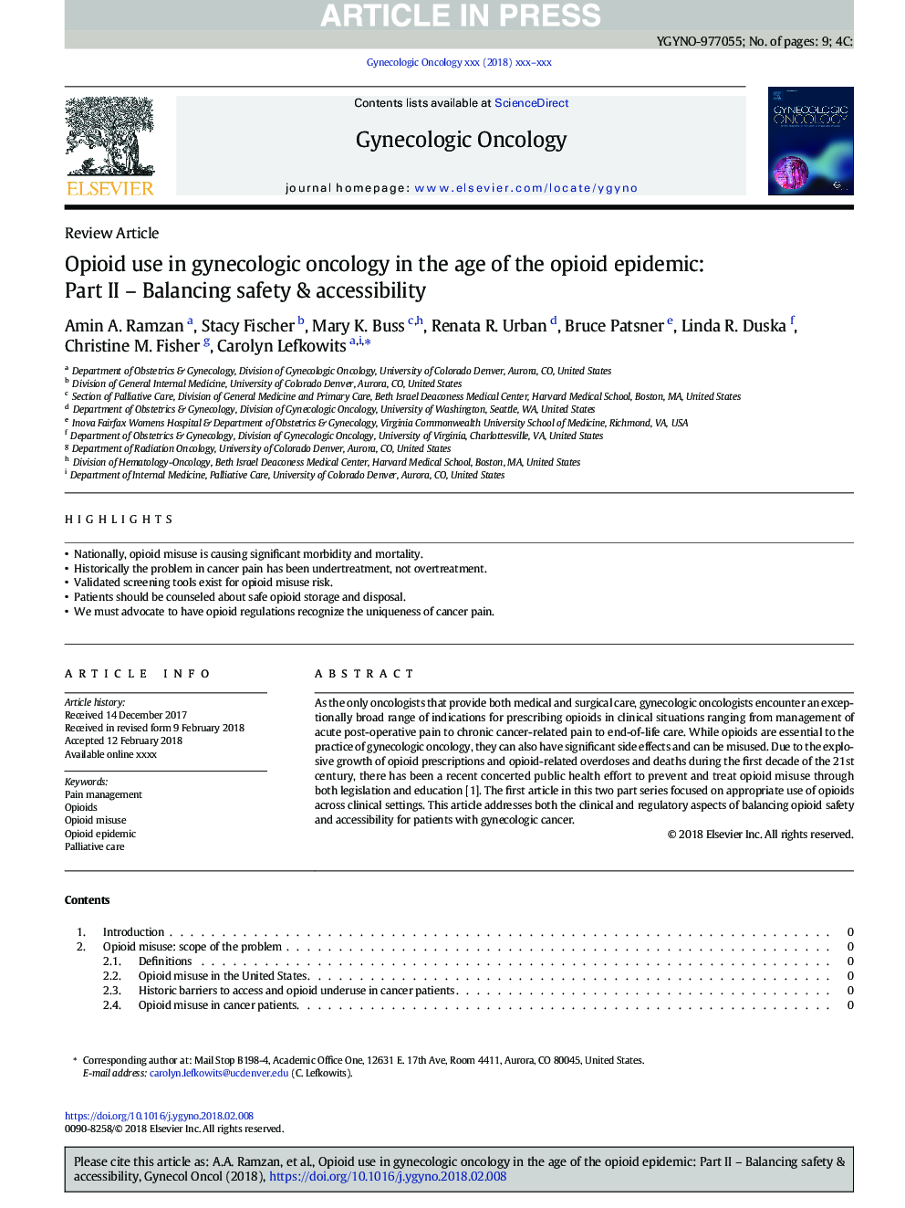 Opioid use in gynecologic oncology in the age of the opioid epidemic: Part II - Balancing safety & accessibility