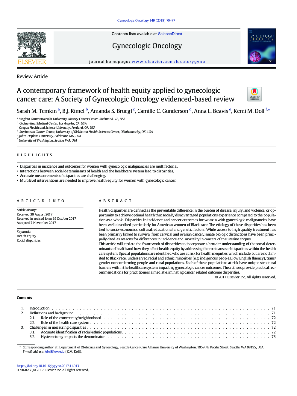 A contemporary framework of health equity applied to gynecologic cancer care: A Society of Gynecologic Oncology evidenced-based review