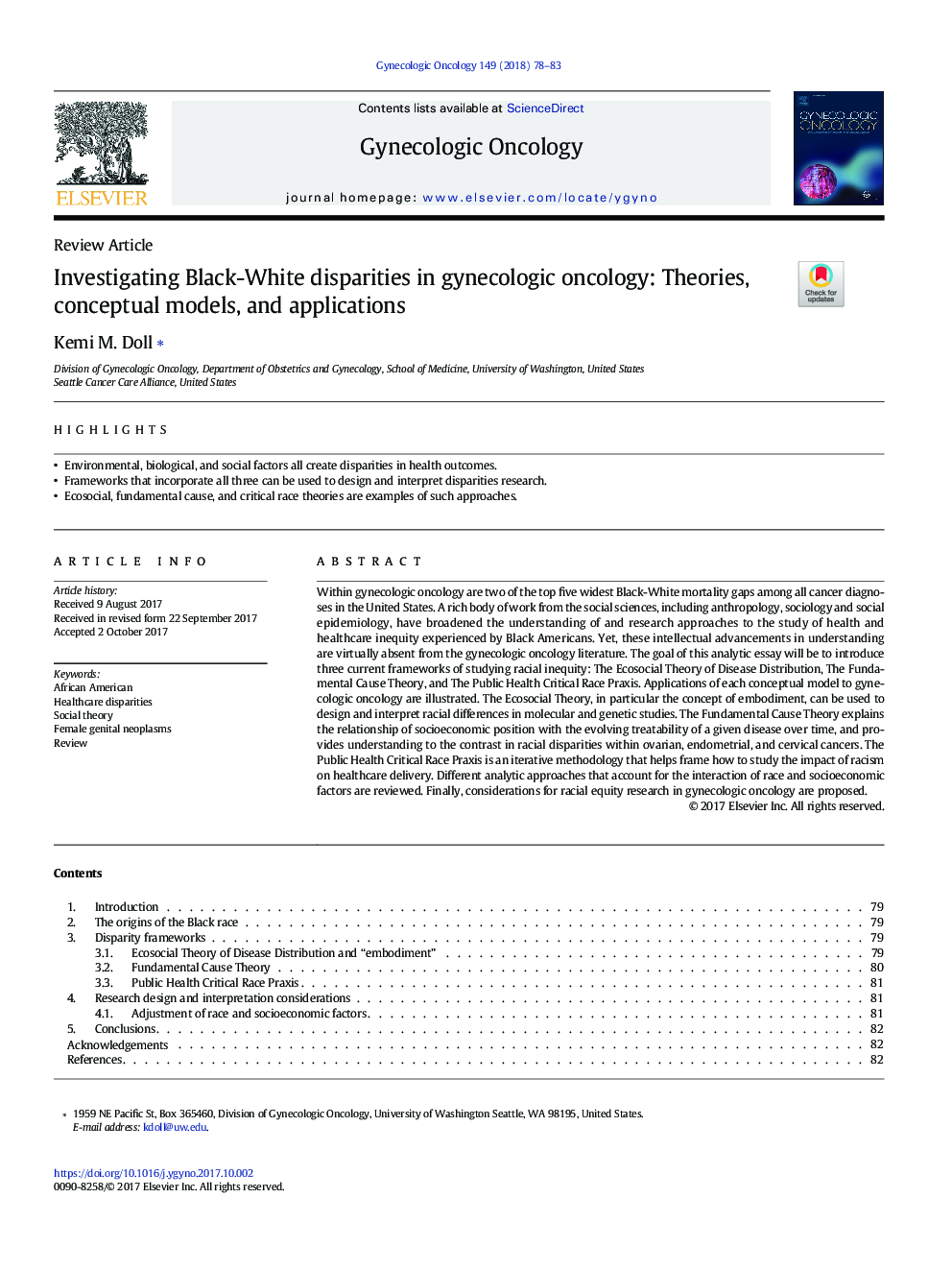 Investigating Black-White disparities in gynecologic oncology: Theories, conceptual models, and applications