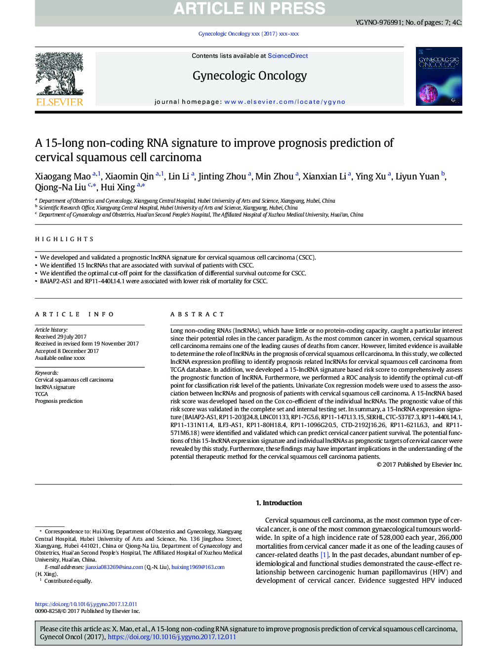 A 15-long non-coding RNA signature to improve prognosis prediction of cervical squamous cell carcinoma