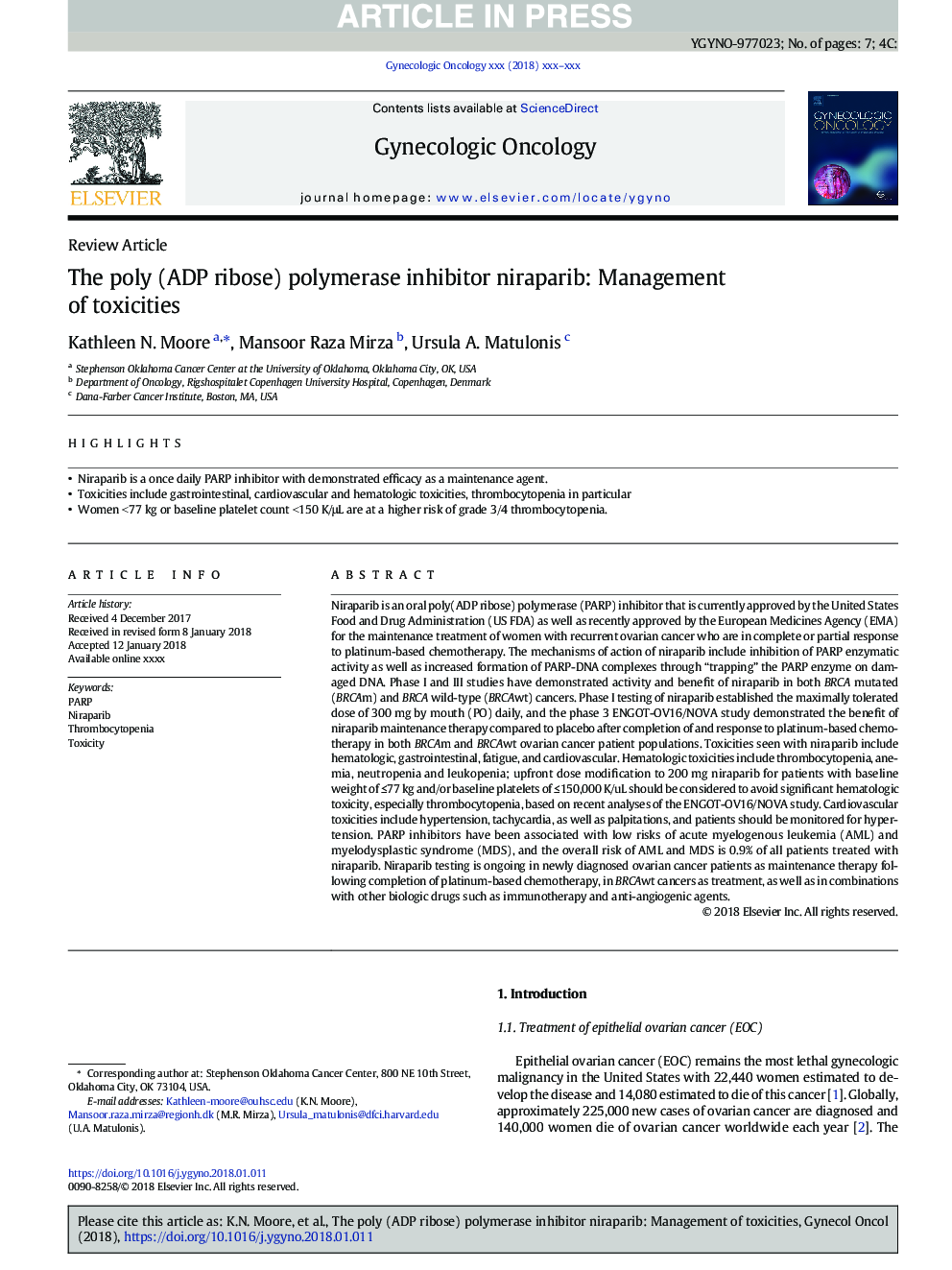 The poly (ADP ribose) polymerase inhibitor niraparib: Management of toxicities