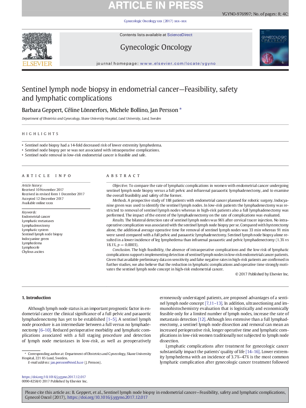 Sentinel lymph node biopsy in endometrial cancer-Feasibility, safety and lymphatic complications