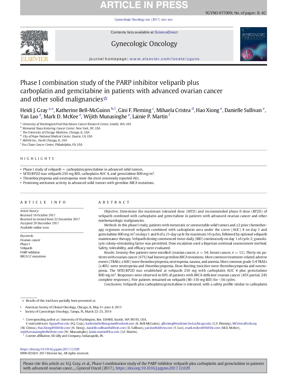 Phase I combination study of the PARP inhibitor veliparib plus carboplatin and gemcitabine in patients with advanced ovarian cancer and other solid malignancies