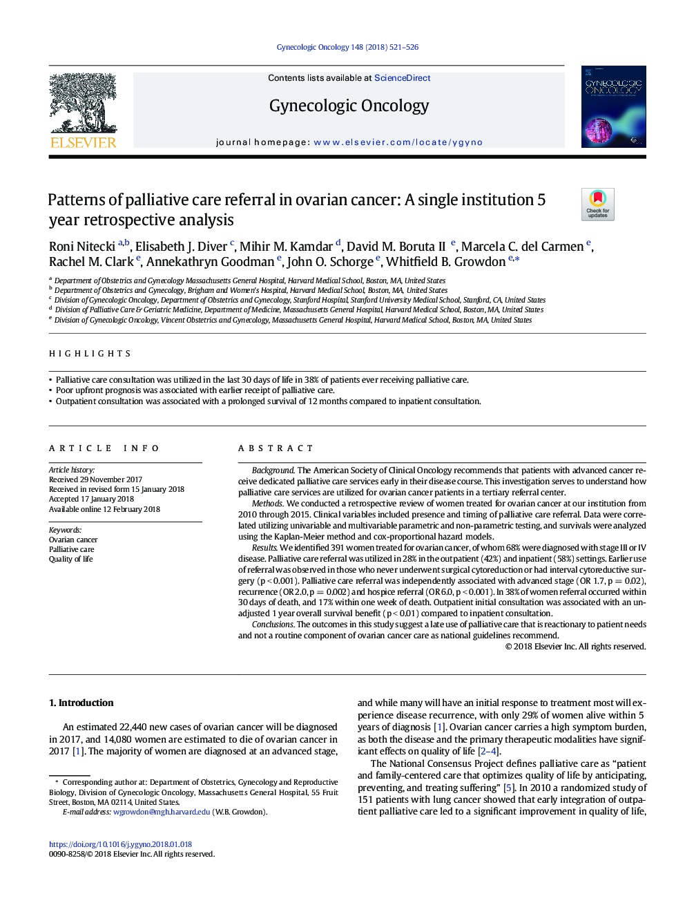 Patterns of palliative care referral in ovarian cancer: A single institution 5â¯year retrospective analysis
