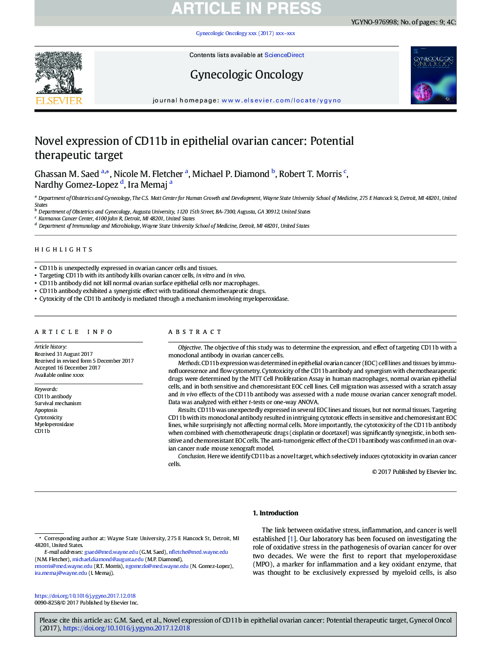 Novel expression of CD11b in epithelial ovarian cancer: Potential therapeutic target