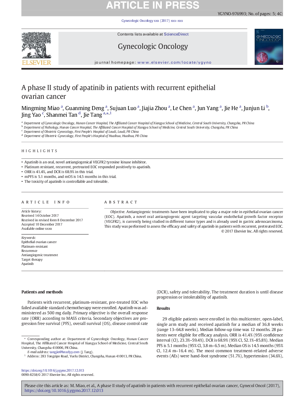 A phase II study of apatinib in patients with recurrent epithelial ovarian cancer