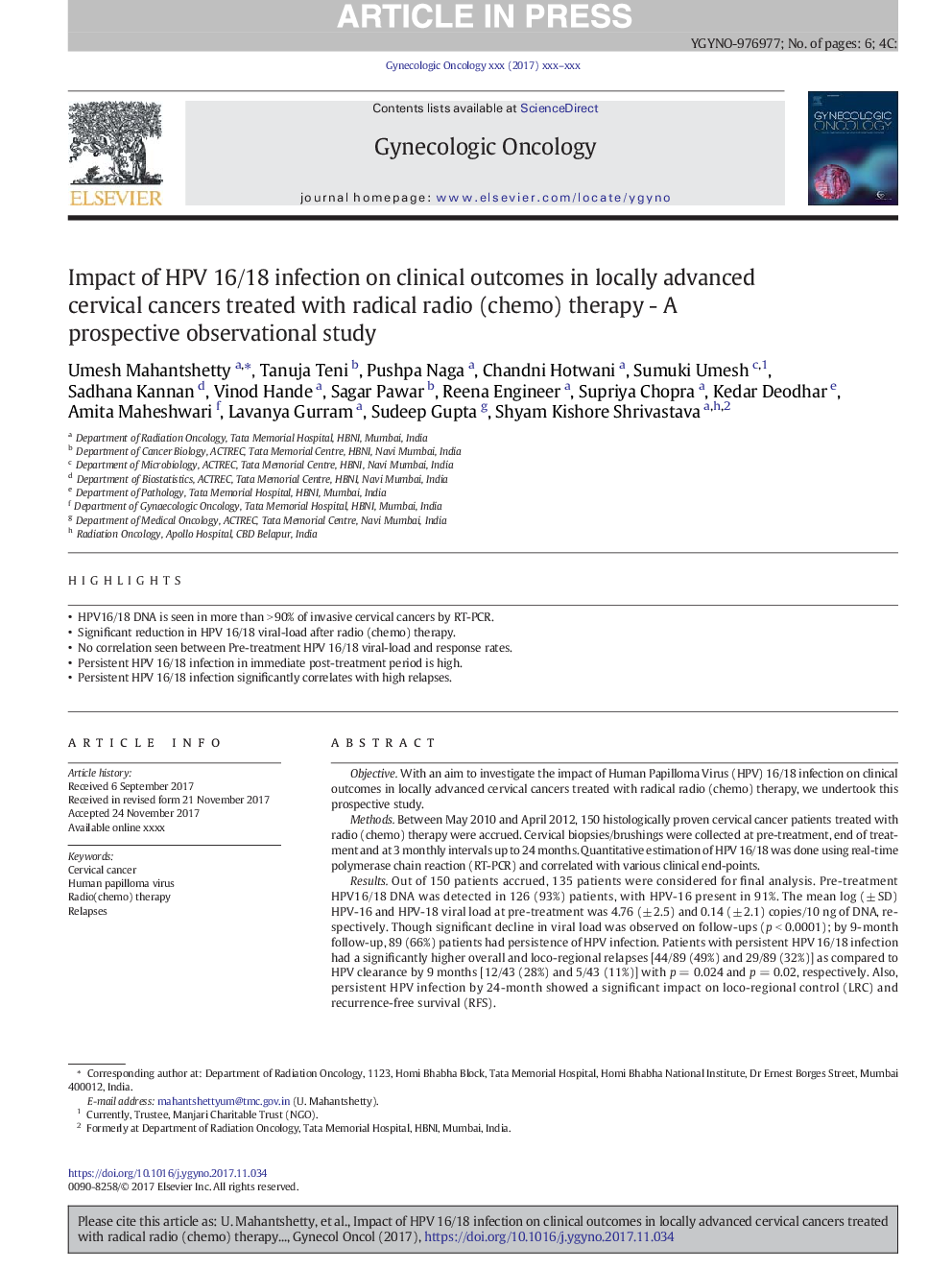 Impact of HPV 16/18 infection on clinical outcomes in locally advanced cervical cancers treated with radical radio (chemo) therapy - A prospective observational study