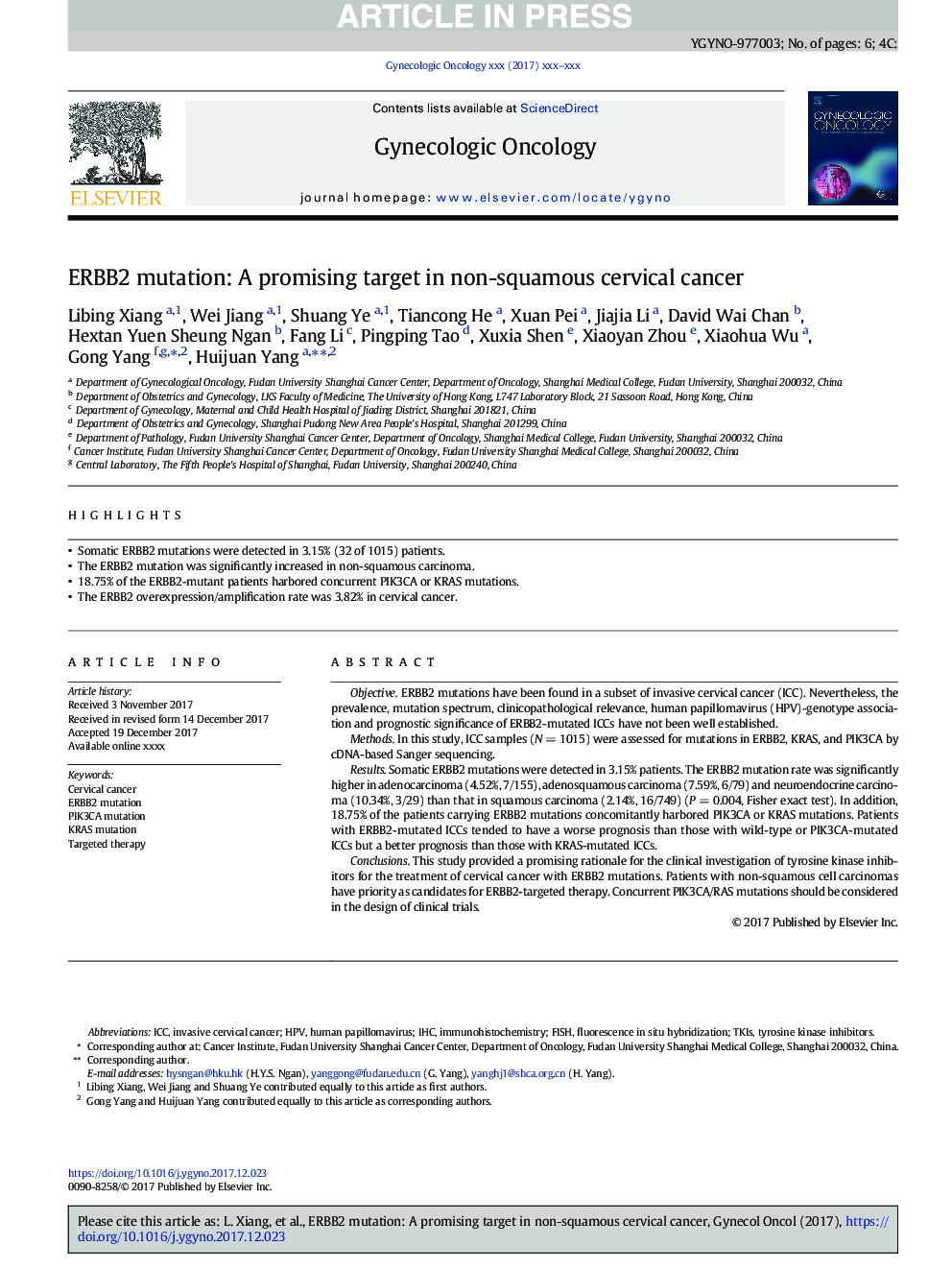 ERBB2 mutation: A promising target in non-squamous cervical cancer